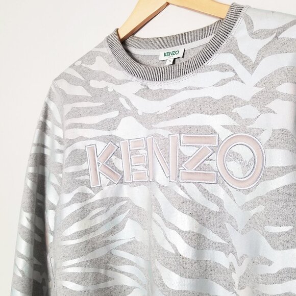 KENZO Iridescent Silver Tiger Stripes Crewneck Pullover Sweatshirt S Gray $355 - Picture 4 of 16